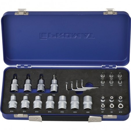JUEGO LLAVE VASO PUNTA TORX 1 4"+1 2" T4-T30 CJ MET 27PZ PROMAT