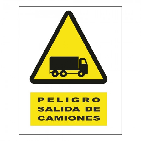 CARTEL PVC PELIGRO SALIDA DE CAMIONES ADVERTENCIA A3