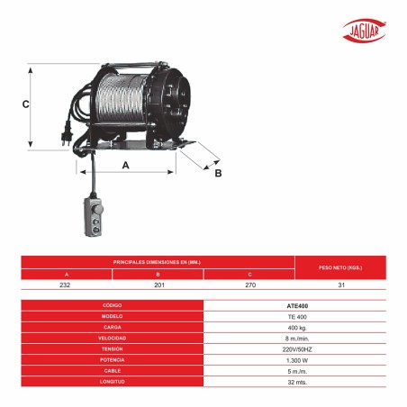 POLIPASTO ELECTRICO DE CABLE 220V TE 400/800 kg 32/16 mt